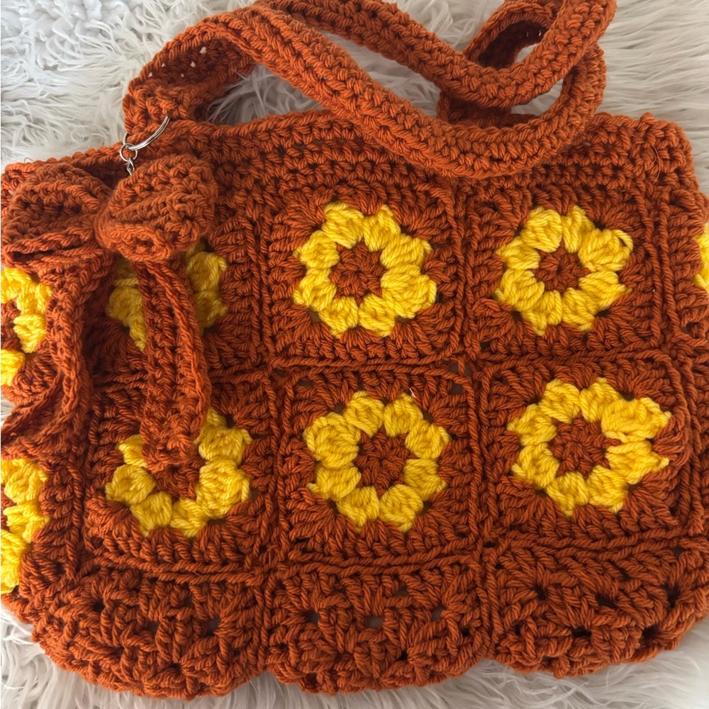 Handcrafted Crochet Floral Tote Bag - Orange and Yellow